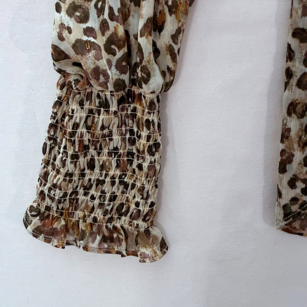 By The River Top Womens Large Brown Leopard Metallic Sheer Smocked Cuff Flowy - Picture 7 of 10